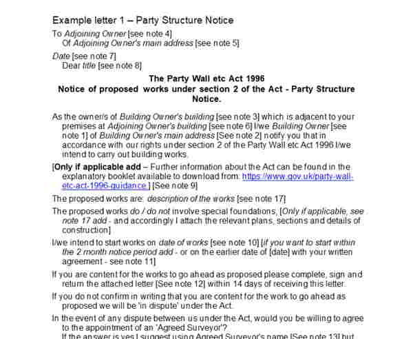 Example Party Wall Agreement letter